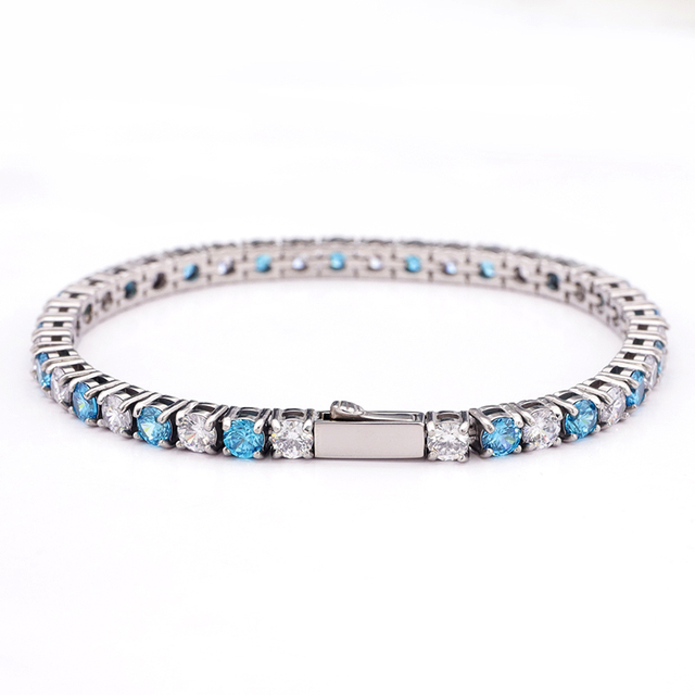 Chaîne de tennis couleur argent en acier inoxydable avec aigue-marine et CZ blanc