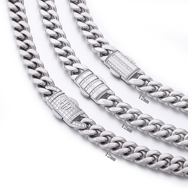 Chaîne cubaine en acier inoxydable couleur argent avec fermoir à arc AAAAA CZ